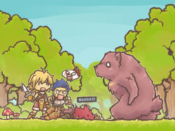 Rule 34 | 1girl, 2boys, angry, bear, bigfoot (ragnarok online), blonde hair, blue hair, blue sky, boots, brown footwear, brown gloves, brown shorts, chibi, commentary request, dagger, faceplant, forest, full body, gloves, holding, holding dagger, holding knife, holding weapon, knife, long bangs, looking at another, minorigo flow, multiple boys, mushroom, nature, novice (ragnarok online), open mouth, outdoors, ragnarok online, red hair, short hair, shorts, sky, translation request, tree, weapon
