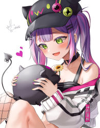 Rule 34 | 1girl, :d, baseball cap, bibi (tokoyami towa), black choker, black headwear, blush, choker, collarbone, commentary request, creature, crop top, cropped jacket, ear piercing, fake horns, fang, fishnet thighhighs, fishnets, flower, green eyes, green nails, hair ornament, hairclip, hat, heart, highres, holding, holding creature, hololive, horned headwear, horns, jacket, kito koruta, knees up, long hair, long sleeves, multicolored hair, multicolored nails, nail polish, off shoulder, open mouth, piercing, pink hair, puffy long sleeves, puffy sleeves, purple hair, purple nails, signature, simple background, single thighhigh, skin fang, smile, swimsuit, thighhighs, tokoyami towa, twintails, two-tone hair, virtual youtuber, white background, white jacket, yellow flower