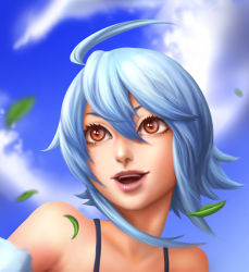Rule 34 | 10s, 1girl, :d, ahoge, blue hair, blue sky, cloud, day, gradient background, harpy, highres, kenneth tham rui yong, leaf, monster girl, monster musume no iru nichijou, open mouth, orange eyes, outdoors, papi (monster musume), portrait, realistic, sky, smile, solo