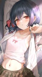 Rule 34 | 1girl, absurdres, armpits, arms up, black hair, blush, bow, brown skirt, camisole, collarbone, flat chest, hair bow, hair bun, highres, idolmaster, idolmaster shiny colors, looking at viewer, lying, morino rinze, navel, on back, open clothes, open shirt, pink camisole, plaid, plaid skirt, pleated skirt, red eyes, school uniform, shirt, single side bun, skirt, sky cappuccino, solo, white shirt