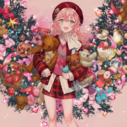 Rule 34 | 1girl, :d, apple, basket, blue eyes, blush, bow, cake, collared shirt, cup, doughnut, flannel, food, fruit, hat, highres, holding, holding stuffed toy, jacket, long hair, long sleeves, looking at viewer, open mouth, original, pink sweater, plaid, plaid jacket, plaid skirt, plant, plate, purple hair, red hat, red jacket, red skirt, ribbon, saucer, shirt, skirt, smile, solo, standing, stuffed animal, stuffed toy, sweater, teacup, teapot, teddy bear, v-neck, white shirt, wreath, yutsumoe