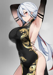 Rule 34 | 1girl, absurdres, arlecchino (genshin impact), armpits, arms up, bare shoulders, black dress, black eyes, black hair, black hands, blush, breasts, china dress, chinese clothes, dragon print, dress, genshin impact, gold trim, gradient skin, highres, large breasts, long hair, looking at viewer, multicolored hair, pelvic curtain, red pupils, side slit, sideboob, solo, steaming body, streaked hair, sweat, symbol-shaped pupils, tian kazuki, variant set, white hair, x-shaped pupils