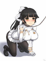 Rule 34 | 1girl, all fours, azur lane, black hair, black pantyhose, blush, bow, breasts, brown eyes, closed mouth, collar, embarrassed, gloves, hair bow, highres, large breasts, leash, long hair, long sleeves, looking at viewer, miniskirt, pantyhose, pet play, ponytail, shou jian yu, skirt, solo, takao (bilan hangxian), white bow, white gloves, white skirt