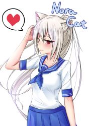 Rule 34 | 1girl, absurdres, animal ear fluff, animal ears, bad id, bad pixiv id, blue neckerchief, blue sailor collar, blue skirt, blush, cat ears, character name, closed mouth, hair between eyes, heart, highres, long hair, looking at viewer, natu sksp, neckerchief, nora cat, nora cat channel, pink lips, pleated skirt, ponytail, red eyes, sailor collar, school uniform, serafuku, short sleeves, simple background, skirt, smile, solo, speech bubble, spoken heart, very long hair, virtual youtuber, white background, white hair