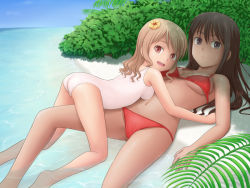 Rule 34 | 2girls, ass, beach, bikini, black eyes, blonde hair, blue sky, breasts, brown hair, feet out of frame, flower, from side, frown, hair flower, hair ornament, looking at viewer, looking to the side, lying, midriff, multiple girls, navel, on back, on person, on stomach, one-piece swimsuit, open mouth, original, outdoors, palm tree, red bikini, sand, shadow, size difference, sky, straddling, suenaga (progressive), sweat, swimsuit, tree, water, white one-piece swimsuit
