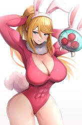 Rule 34 | 1girl, abs, absurdres, animal ears, bad anatomy, blonde hair, breasts, cleavage, fake animal ears, fake tail, gonzarez, highres, impossible clothes, impossible leotard, large breasts, leotard, metroid, metroid (classic), metroid (creature), muscular, nintendo, pink leotard, rabbit ears, samus aran, tail, white background
