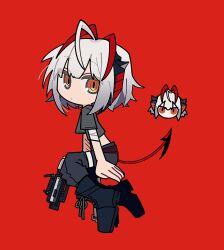 Rule 34 | 1girl, ahoge, antenna hair, arknights, bandaged arm, bandages, black footwear, black shirt, boots, chibi, commentary request, cropped shirt, demon girl, demon horns, demon tail, full body, grey hair, gun, highres, holding, holding gun, holding weapon, horns, looking at viewer, material growth, multicolored hair, orange eyes, oripathy lesion (arknights), red background, red hair, sanada ima, shirt, simple background, solo, streaked hair, t-shirt, tail, w (arknights), w (fugue) (arknights), weapon