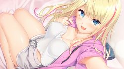 Rule 34 | 1girl, armpits, ayase hazuki, bed, blonde hair, blue eyes, blush, breasts, cleavage, covered erect nipples, eyebrows hidden by hair, facing viewer, female focus, futaba natsuho, game cg, groin, hand up, highres, indoors, legs, light blush, long hair, looking at viewer, medium breasts, on bed, open mouth, original, short shorts, shorts, sitting, solo, thighs, yubisaki connection