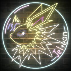 Rule 34 | animal focus, brick wall, character name, creatures (company), english text, free butterfree, game freak, gen 1 pokemon, jolteon, looking at viewer, neck fur, neon lights, nintendo, no humans, pokedex number, pokemon, pokemon (creature), portrait, profile, solo, typo, white eyes