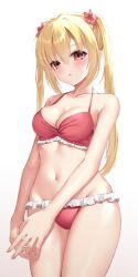 Rule 34 | 1girl, absurdres, ahoge, arihara nanami, bare shoulders, belly, bikini, blonde hair, blush, breasts, flower, frilled bikini, frills, hair between eyes, hair flower, hair ornament, highres, long hair, looking at viewer, medium breasts, navel, ncontrail (mgax7527), open mouth, own hands together, red bikini, red eyes, red flower, riddle joker, simple background, solo, standing, straight hair, swimsuit, thighs, twintails, white background, yuzu-soft