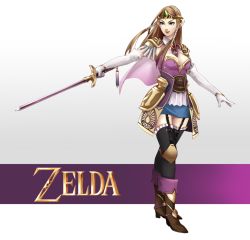 Rule 34 | 1girl, adapted costume, armor, armored dress, black thighhighs, boots, breasts, brown hair, bustier, capelet, character name, detached collar, elbow gloves, faulds, forehead jewel, full body, garter straps, gloves, hyrule warriors, knee pads, medium breasts, necktie, nintendo, pauldrons, princess zelda, ricci escutin, shoulder armor, solo, standing, sword, the legend of zelda, the legend of zelda: twilight princess, thighhighs, tiara, triforce, weapon, white gloves, zettai ryouiki
