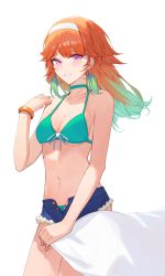 Rule 34 | 1girl, absurdres, bikini, bikini under clothes, blue shorts, blush, bracelet, breasts, choker, cleavage, collarbone, commentary, cowboy shot, denim, denim shorts, earrings, feather earrings, feathers, green bikini, green choker, green hair, hairband, highres, hololive, hololive english, jewelry, long hair, looking at viewer, medium breasts, multicolored hair, navel, official alternate costume, open fly, orange hair, parted lips, purple eyes, short shorts, shorts, simple background, smile, solo, standing, starshell, stomach, swimsuit, takanashi kiara, takanashi kiara (casual), two-tone hair, virtual youtuber, white background, white hairband
