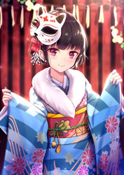 Rule 34 | 1girl, black hair, blue kimono, blurry, blurry background, blush, closed mouth, commentary request, fingernails, floral print, fox mask, fur collar, fur trim, hair ornament, japanese clothes, kimono, long sleeves, looking at viewer, mask, mask on head, new year, obi, original, pinching sleeves, print kimono, purple eyes, red eyes, revision, sash, short hair, smile, solo, standing, wide sleeves, yan (nicknikg)