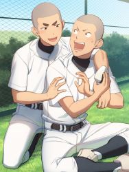 Rule 34 | 2boys, arm around shoulder, baseball jersey, baseball uniform, belt, bush, chain-link fence, day, fence, food, highres, holding, holding food, indian style, jersey, looking at another, looking back, male focus, multiple boys, onigiri, open mouth, original, outdoors, shaved head, sitting, smile, sportswear, sweatdrop, tettabuzz, thick eyebrows, v-shaped eyebrows