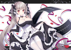 Rule 34 | 1girl, azur lane, bare shoulders, between breasts, black dress, blush, breasts, cleavage, dress, formidable (azur lane), frilled dress, frills, grey hair, hair ribbon, large breasts, lifting own clothes, long hair, long sleeves, looking at viewer, pantyhose, petals, red eyes, red ribbon, ribbon, solo, tsukimi (xiaohuasan), twintails, two-tone dress, two-tone ribbon, very long hair, white pantyhose