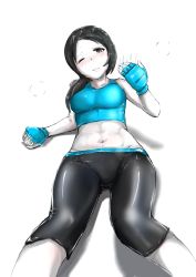 Rule 34 | 1girl, abs, bad id, bad pixiv id, beckoning, black hair, blue gloves, blush, breasts, capri pants, clenched hand, colored skin, come hither, crop top, female focus, fingerless gloves, gloves, lying, midriff, navel, nexas, nintendo, on back, one eye closed, pants, partially colored, ponytail, shadow, shiny clothes, solo, super smash bros., tank top, white background, white skin, wii fit, wii fit trainer, wii fit trainer (female)