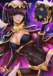 Rule 34 | 1girl, black hair, black nails, blunt bangs, blush, bodystocking, bodysuit, book, bracelet, breasts, bridal gauntlets, cape, circlet, cleavage, female focus, fire emblem, fire emblem awakening, highres, holding, holding book, jewelry, large breasts, long hair, looking at viewer, magic, magion02, medium breasts, nail polish, navel, nintendo, open mouth, patreon username, purple eyes, smile, solo, tharja (fire emblem), thighlet, tiara, two side up, watermark, web address