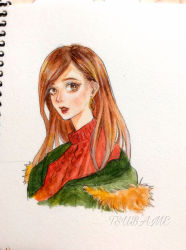 Rule 34 | 1girl, absurdres, artist name, brown eyes, brown hair, coat, earrings, fur trim, green coat, highres, jewelry, lipstick, long hair, looking at viewer, makeup, original, painting (medium), red sweater, solo, sweater, traditional media, upper body, watercolor (medium), white background, yamatotsubame