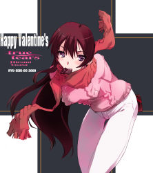 Rule 34 | 00s, 1girl, 2008, blush, brown hair, character name, chocolate, copyright name, happy valentine, highres, leaning forward, long hair, mouth hold, nagare hyougo, pants, purple eyes, red scarf, scarf, solo, sweater, thigh gap, true tears, valentine, yuasa hiromi