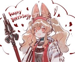 Rule 34 | 1girl, :d, angelina (arknights), animal ears, arknights, black collar, black shirt, blouse, collar, earpiece, extra ears, fox ears, hairband, happy birthday, heart, holding, holding staff, infection monitor (arknights), jacket, long hair, long sleeves, looking at viewer, notora, open mouth, orange eyes, red hairband, shirt, sidelocks, smile, solo, staff, striped clothes, striped hairband, twintails, upper body, white jacket