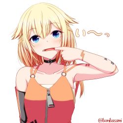 Rule 34 | 1girl, artist name, bare shoulders, benibasami, blonde hair, blue eyes, blush, braid, cevio, collarbone, commentary request, detached sleeves, dress, finger in own mouth, grimace, jewelry, looking at viewer, medium hair, multicolored hair, necklace, one (cevio), orange dress, orange hair, simple background, single braid, solo, two-tone hair, upper body, white background, zipper