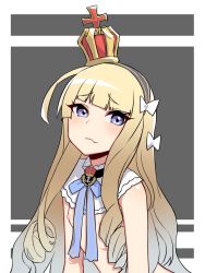 Rule 34 | 1girl, azur lane, blonde hair, blue eyes, blue ribbon, blunt bangs, blush, bow, closed mouth, crown, detached collar, drill hair, eyelashes, fang, fang out, flat chest, frown, gradient hair, grey background, grey hair, hair bow, highres, looking at viewer, multicolored hair, nezuko, nipples, nude, queen elizabeth (azur lane), ribbon, solo, tsurime, two-tone background, upper body, white bow