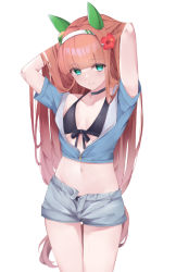 Rule 34 | 1girl, animal ears, arms up, bikini, bikini under clothes, black bikini, blue jacket, breasts, breasts apart, choker, closed mouth, collarbone, cropped jacket, ear covers, flower, green eyes, groin, hair flower, hair ornament, hairband, hand in own hair, hibiscus, highres, hojiro same, horse ears, jacket, long hair, looking at viewer, midriff, navel, orange eyes, partially unzipped, short sleeves, shorts, silence suzuka (umamusume), simple background, sketch, small breasts, solo, swimsuit, umamusume, white background, white shorts
