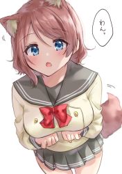 Rule 34 | 1girl, :o, animal ears, bad id, bad twitter id, blue eyes, blush, bow, bowtie, brown hair, buttons, commentary request, dog ears, dog tail, double-breasted, grey skirt, kemonomimi mode, long sleeves, looking at viewer, love live!, love live! sunshine!!, miniskirt, minori 748, paw pose, pleated skirt, red bow, red bowtie, school uniform, short hair, skirt, solo, tail, uranohoshi school uniform, watanabe you, white background