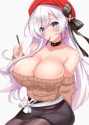 Rule 34 | 1girl, aran sweater, arm behind back, azur lane, bad id, bad twitter id, belfast (azur lane), belfast (shopping with the head maid) (azur lane), beret, black choker, black skirt, blue eyes, breasts, brown sweater, cable knit, choker, cleavage, collarbone, food, food in mouth, hat, highres, large breasts, long hair, looking at viewer, off shoulder, pantyhose, pencil skirt, pocky, red hat, sankakusui, silver hair, simple background, sitting, skirt, solo, sweater, white background