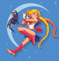 Rule 34 | 1girl, \m/, animal, bishoujo senshi sailor moon, blonde hair, blue eyes, blue sailor collar, boots, bow, cat, clenched teeth, commentary, crescent, double bun, earrings, elbow gloves, full body, gloves, jewelry, joakim sandberg, knee boots, long hair, looking away, looking to the side, luna (sailor moon), magical girl, red bow, sailor collar, sailor moon, skirt, sparkle, sweatdrop, teeth, tiara, tsukino usagi, twintails