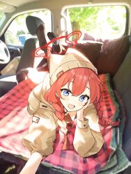 Rule 34 | 1girl, absurdres, animal ear headwear, animal ears, black pantyhose, blue archive, blue eyes, braid, brown hat, brown jacket, car interior, dot nose, fake animal ears, feet up, hair between eyes, halo, hat, highres, jacket, kuren kren, long hair, long sleeves, looking at viewer, lying, maki (blue archive), maki (camp) (blue archive), no shoes, official alternate costume, on stomach, open mouth, pantyhose, photo background, puffy long sleeves, puffy sleeves, red hair, red halo, side braids, soles, solo, toes, twin braids