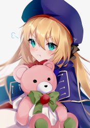 Rule 34 | 1girl, artoria caster (fate), artoria caster (second ascension) (fate), artoria pendragon (fate), bear, beret, blonde hair, blue bow, blue cloak, blue headwear, blush, bow, cloak, fate/grand order, fate (series), green bow, green eyes, hair between eyes, hair bow, hat, highres, holding, long hair, long sleeves, looking at viewer, ornament, red bow, stuffed animal, stuffed toy, teddy bear, twintails, user ngzk8825, white background