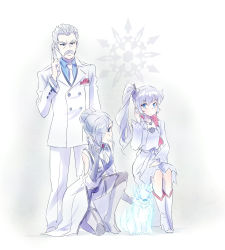 Rule 34 | 1boy, 2girls, beowolf, blue eyes, cellphone, eyes visible through hair, facial hair, family, father and daughter, formal, frown, gradient background, grimm (rwby), highres, iesupa, jacques schnee, kneeling, light persona, multiple girls, mustache, necktie, pale color, papa schnee, phone, rwby, siblings, side ponytail, silver hair, sisters, sitting, skirt, smartphone, snowflakes, suit, weiss schnee, white background, winter schnee