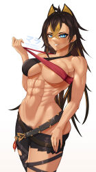 Rule 34 | 1girl, abs, asymmetrical clothes, bare arms, bare shoulders, belt, black belt, black hair, blonde hair, blue eyes, blush, breasts, cleavage, clothes pull, collarbone, criss-cross halter, crossed belts, dark-skinned female, dark skin, dehya (genshin impact), fanbox username, female pubic hair, genshin impact, hair between eyes, hair ears, hair intakes, halterneck, highres, large breasts, long hair, looking at viewer, matsumaramara, multicolored hair, multiple thigh straps, muscular, muscular female, nail polish, navel, obliques, pants, pixiv id, pubic hair, pulled by self, red nails, smile, solo, stomach, streaked hair, sweat, thigh strap, thighs, torn clothes, torn pants, twitter username, two-tone hair, underboob, vision (genshin impact), white background, yellow pupils