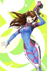 Rule 34 | 1girl, ;o, abstract background, animal print, armor, blush, bodysuit, boots, bracer, breasts, brown eyes, brown hair, character name, charm (object), clothes writing, covered navel, cowboy shot, d.va (overwatch), emblem, eyebrows, facepaint, facial mark, gloves, green background, gun, hand up, handgun, headphones, high collar, highres, holding, holding gun, holding weapon, legs together, logo, long hair, looking at viewer, medium breasts, miringx2, one eye closed, open mouth, outstretched arm, overwatch, overwatch 1, pauldrons, pilot suit, pistol, rabbit print, ribbed bodysuit, shoulder armor, shoulder pads, signature, smile, solo, swept bangs, thigh boots, thigh gap, thigh strap, thighhighs, trigger discipline, turtleneck, weapon, whisker markings, white gloves