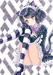 Rule 34 | 10s, 1girl, animal ears, aramachi, bell, black hair, bow, cat ears, cat tail, cyan (show by rock!!), highres, hugging own legs, looking at viewer, open mouth, panties, pantyshot, pink bow, show by rock!!, smile, solo, striped clothes, striped thighhighs, tail, thighhighs, underwear