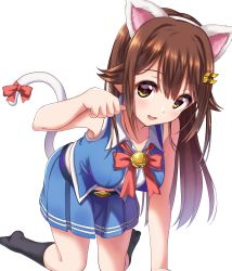 Rule 34 | 1girl, absurdres, animal ears, bell, black socks, blue skirt, bow, bowtie, breasts, brown eyes, brown hair, cat ears, cat tail, collarbone, hair between eyes, hair flaps, hair ornament, hairclip, highres, hololive, jingle bell, kneeling, long hair, looking at viewer, medium breasts, miniskirt, open mouth, paw pose, pleated skirt, rariemonn, ribbon, simple background, skirt, sleeveless, smile, socks, solo, tail, thighs, tokino sora, tokino sora (old design), virtual youtuber, white background