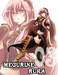 Rule 34 | arm support, boots, headset, knee boots, long hair, megurine luka, midriff, pink hair, sitting, solo, tetsu natsuki, thighhighs, vocaloid, zoom layer