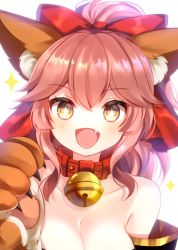 Rule 34 | + +, 1girl, animal ear fluff, animal ears, animal hands, bare shoulders, bell, cat paws, collar, collarbone, fangs, fate/grand order, fate (series), fox ears, gloves, hair ribbon, jingle bell, looking at viewer, mnyang, neck bell, open mouth, paw gloves, pink hair, red ribbon, ribbon, simple background, solo, sparkle, sparkling eyes, symbol-shaped pupils, tamamo (fate), tamamo cat (fate), white background
