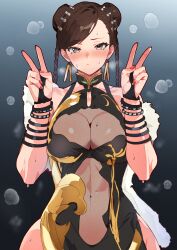 Rule 34 | 1girl, abs, black gloves, blush, bracelet, braid, breasts, brown eyes, brown hair, capcom, chun-li, cleavage, closed mouth, double bun, double v, dress, earrings, fingerless gloves, gloves, hair bun, half gloves, highres, jewelry, large breasts, long hair, looking at viewer, muscular, muscular female, red nails, see-through, see-through dress, solo, standing, straight-on, street fighter, sweat, swept bangs, twintails, upper body, v, wristband, yu ki ruta60