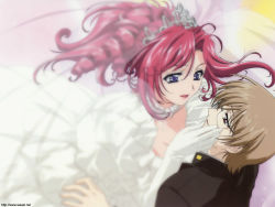 Rule 34 | 00s, 1boy, 1girl, age difference, bride, brown hair, couple, crown, dress, elbow gloves, eye contact, glasses, gloves, hand on another&#039;s face, happy, hetero, husband and wife, jewelry, kazami mizuho, kusanagi kei, lipstick, long hair, looking at another, makeup, nakajima atsuko, necklace, onegai teacher, pink hair, purple eyes, red eyes, school uniform, serafuku, short hair, smile, teacher, teacher and student, wallpaper, watermark, wedding dress