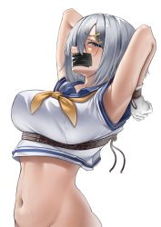 Rule 34 | 1girl, absurdres, armpits, arms behind head, arms up, bdsm, blue eyes, blush, bondage, bottomless, bound, bound wrists, breasts, covered mouth, crop top, gag, gagged, gloves, hair ornament, hair over one eye, hairclip, hamakaze (kancolle), harris hero, highres, improvised gag, kantai collection, large breasts, looking at viewer, navel, neckerchief, out-of-frame censoring, rope, school uniform, serafuku, short hair, short sleeves, silver hair, simple background, solo, stomach, sweat, tape, tape gag, tears, underbust, upper body, white background, white gloves, yellow neckerchief