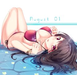 Rule 34 | 1girl, bikini, black hair, blush, bracelet, breasts, cleavage, dated, hands up, haruka natsuki, jewelry, large breasts, legs together, long hair, looking at viewer, looking back, lying, navel, on back, original, parted lips, purple eyes, red bikini, solo, swimsuit, thighs, water surface