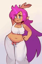 Rule 34 | 1girl, alternative body build, animated, animated gif, big belly, blue eyes, blush, bouncing breasts, breasts, cleavage, collarbone, dancing, dark skin, fat, large breasts, long hair, looking at viewer, midriff, navel, open mouth, pajamas, pants, plump, pointy ears, purple background, purple hair, shantae, shantae (series), shirt, smile, standing, tank top, wamudraws, white pants, white shirt