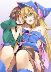 Rule 34 | 1boy, 1girl, bare shoulders, blonde hair, boots, breasts, cleavage, dark magician girl, duel monster, gintarou (kurousagi108), green eyes, hand under clothes, hat, long hair, open mouth, pentacle, sitting, sitting on lap, sitting on person, smile, tickling, tickling stomach, wizard hat, yu-gi-oh!, yu-gi-oh! duel monsters
