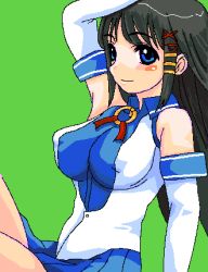 Rule 34 | 1girl, arm up, bare shoulders, black hair, blue eyes, blue skirt, blush, breasts, character name, covered erect nipples, cowboy shot, detached sleeves, from side, green background, hair ornament, impossible clothes, large breasts, long hair, looking at viewer, lowres, oekaki, os-tan, pleated skirt, sidelocks, simple background, sitting, skirt, solo, very long hair, xp-tan