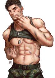 Rule 34 | 1boy, abs, bara, camouflage, camouflage pants, clothes lift, dog tags, greenteaa, highres, jewelry, large pectorals, male focus, mature male, middle finger, muscular, muscular male, navel, necklace, original, pants, pectorals, shirt lift, short hair, solo, spiked hair, tank top, thick eyebrows