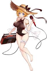 Rule 34 | 1girl, alternate costume, aqua eyes, artist request, bare legs, bare shoulders, barefoot, black one-piece swimsuit, black ribbon, blonde hair, blush, boombox, breasts, bridal garter, brown hat, chalice (final gear), collarbone, detached sleeves, dress, final gear, full body, halterneck, hat, hat ribbon, highres, holding, holding boombox, holding microphone, horizontal-striped ribbon, large breasts, long sleeves, microphone, official alternate costume, official art, one-piece swimsuit, open mouth, ribbon, ribbon-trimmed garter, see-through, see-through sleeves, sideboob, simple background, solo, sundress, swimsuit, tachi-e, third-party source, transparent background, white bridal garter, white sleeves