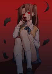 Rule 34 | 1girl, ankle socks, black footwear, blood, blood on face, blood on hands, blue ribbon, blue skirt, brown hair, closed mouth, collared shirt, dark, falling leaves, feet out of frame, glowing, glowing eyes, gradient background, hand on own cheek, hand on own chest, hand on own face, highres, knees up, leaf, loafers, long hair, long sleeves, looking at viewer, neck ribbon, parted bangs, red background, red eyes, ribbon, rion (glayjirobass), school uniform, shadow, shirt, shoes, sidelocks, skirt, smirk, socks, solo, sweater vest, tsukihime, two side up, yellow sweater vest, yumizuka satsuki