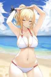 Rule 34 | 1girl, :/, absurdres, armpits, arms up, beach, bikini, blonde hair, blue eyes, blue sky, breasts, cleavage, closed mouth, cloud, cowboy shot, day, dolri, genshin impact, half-closed eyes, hands on own head, highres, jean (genshin impact), large breasts, navel, ocean, outdoors, ponytail, ribbon, sidelocks, sky, solo, stomach, swimsuit, thighs, white bikini, wide hips, wrist ribbon